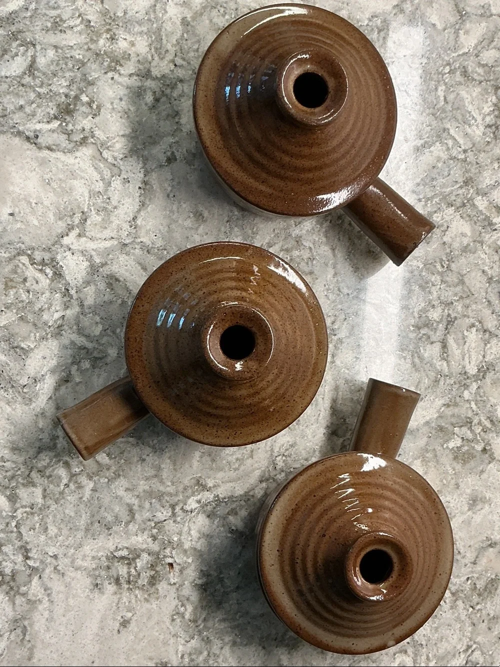 Vintage stoneware soup crocks with vented lids and handles  (set of 3)
